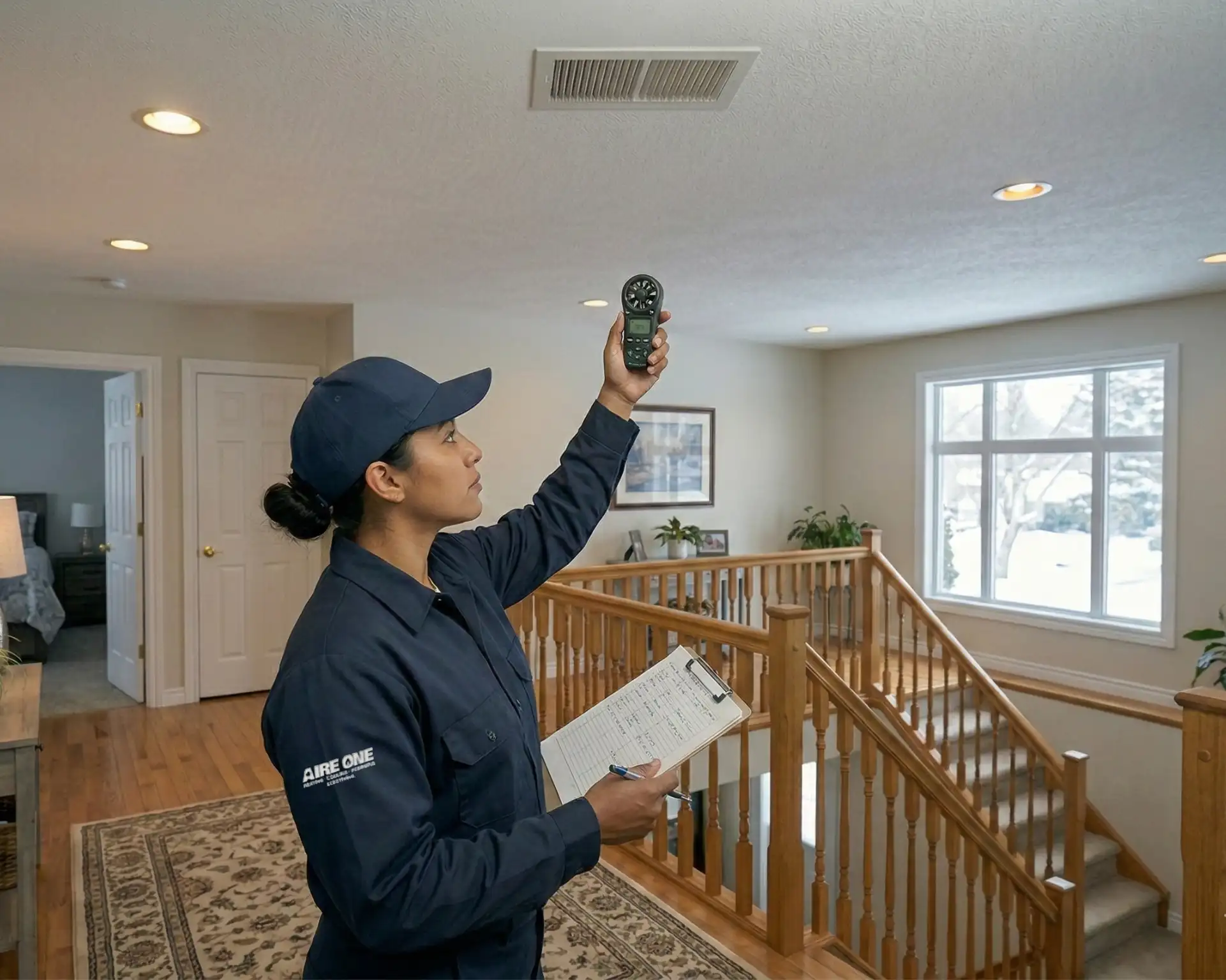 HVAC technician measuring airflow at a ceiling vent to diagnose uneven heating in a two-storey home in Kitchener-Waterloo.