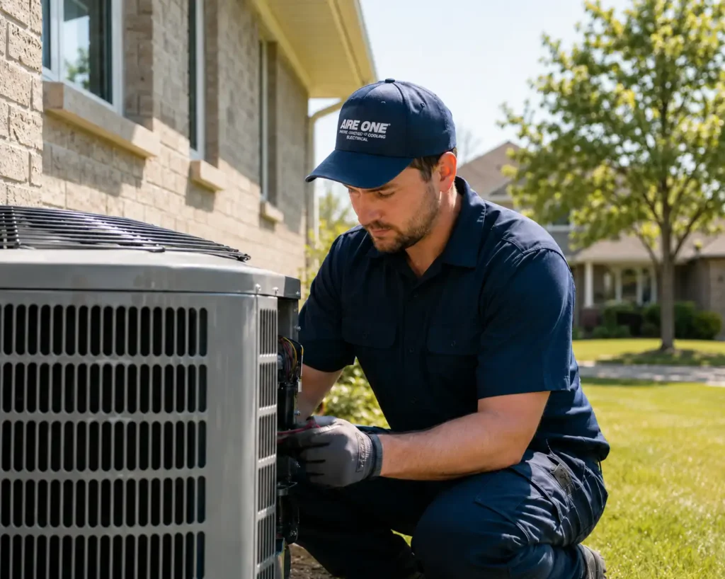 Aire One technician servicing an outdoor AC unit during a heat wave in Ontario