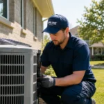 Aire One technician servicing an outdoor AC unit during a heat wave in Ontario