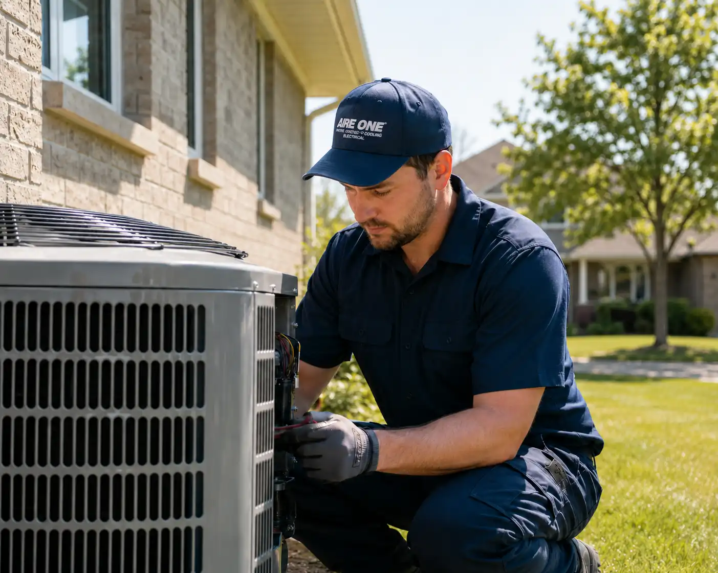 Aire One technician servicing an outdoor AC unit during a heat wave in Ontario