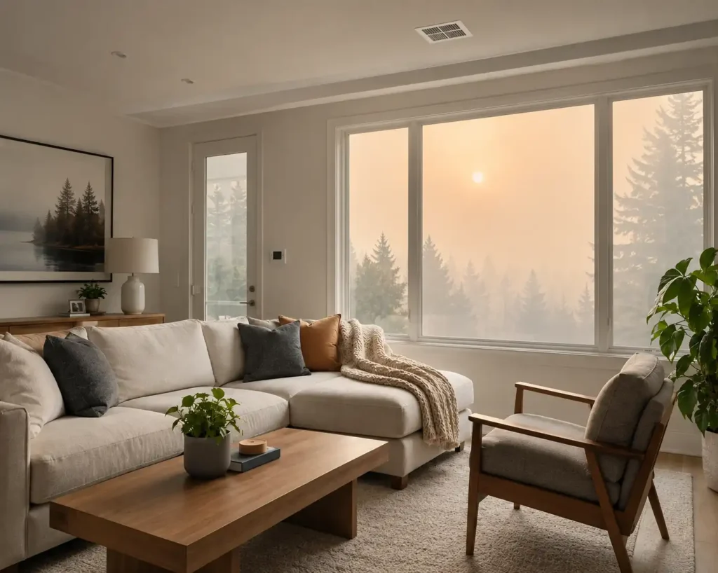 Indoor view of a home during Ontario wildfire smoke with closed windows and HVAC air filtration
