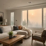 Indoor view of a home during Ontario wildfire smoke with closed windows and HVAC air filtration